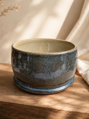 Hand thrown stoneware art pottery Planter studio blue signed by Artist D. Hurick